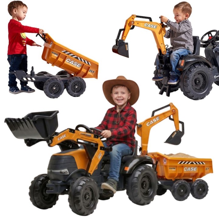 FALK Traktor Case IH Backhoe Pomarańczowy z Przyczepką 3+