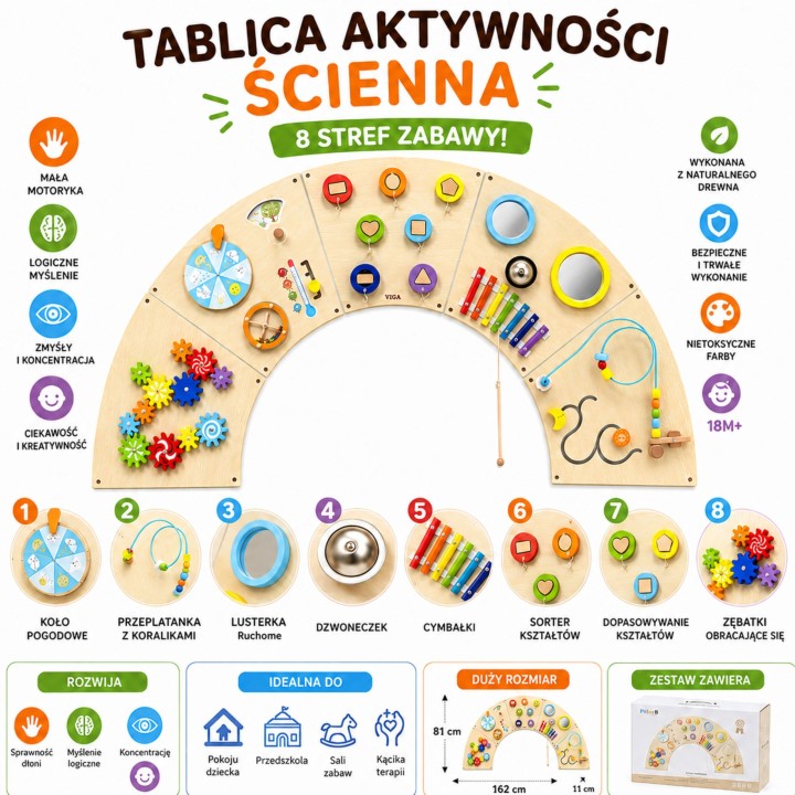 Tablica manipulacyjna ścienna sensoryczny łuk Viga - zestaw Montessori