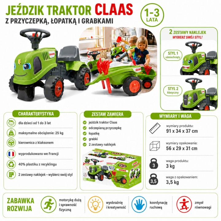 FALK Traktorek Baby Claas Zielony z Przyczepką dla Dzieci 1+