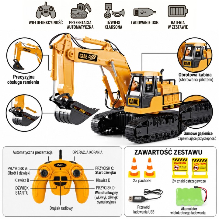 WOOPIE Large Remote Controlled Excavator on Tracks 7 Functions Sound + Acc.