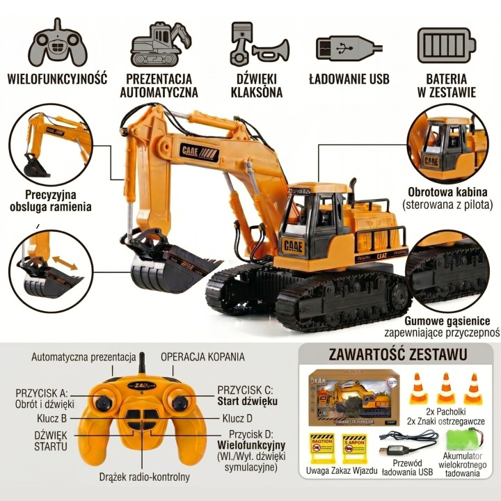 WOOPIE Large Remote Controlled Excavator on Tracks 7 Functions Sound + Acc.