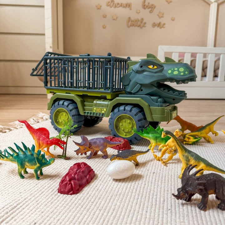 Ciężarówka‑Dinozaur T‑Rex z figurkami – transporter dinozaurów Woopie