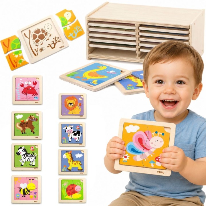 VIGA Puzzle drewniane 12 plansz w stojaku - edukacyjna zabawa