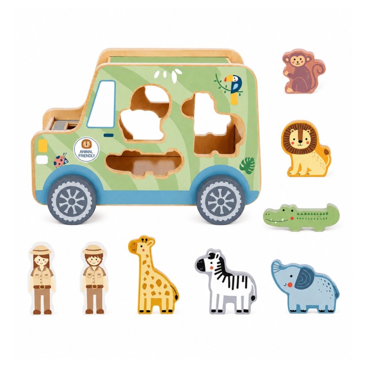 Drewniany samochód aktywności safari TOOKY TOY - zwierzęta 9 el.