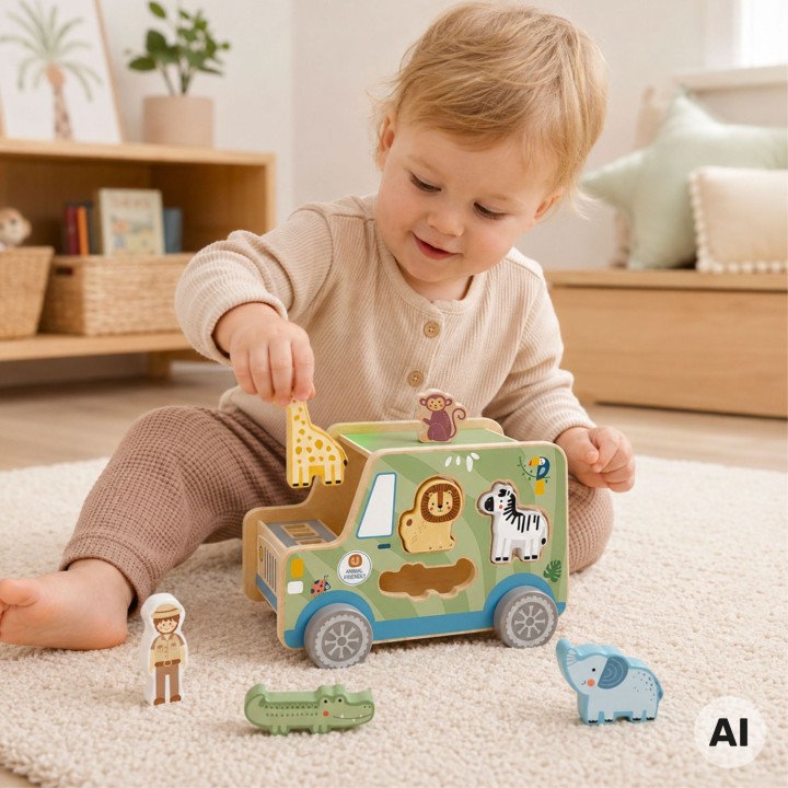 TOOKY TOY wooden safari activity car - animals 9 pcs.