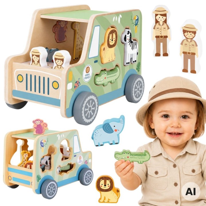 Drewniany samochód aktywności safari TOOKY TOY - zwierzęta 9 el.