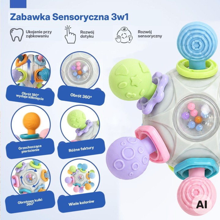 Zabawka sensoryczna 3w1 Woopie - gryzak i grzechotka