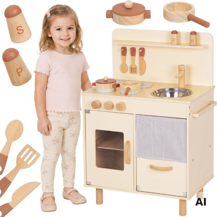 TOOKY TOY wooden beige kitchen for children - 10-piece set