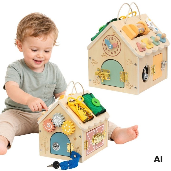 Drewniany domek manipulacyjny TOOKY TOY - zabawka z zamkami