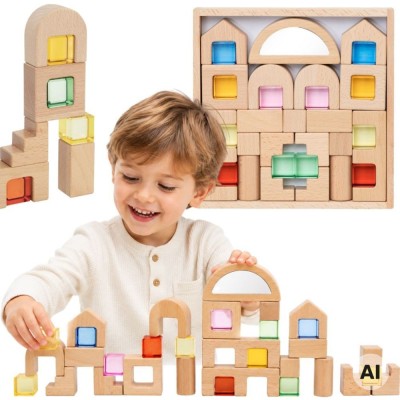 VIGA Wooden Blocks with Colored Windows 32 pcs.