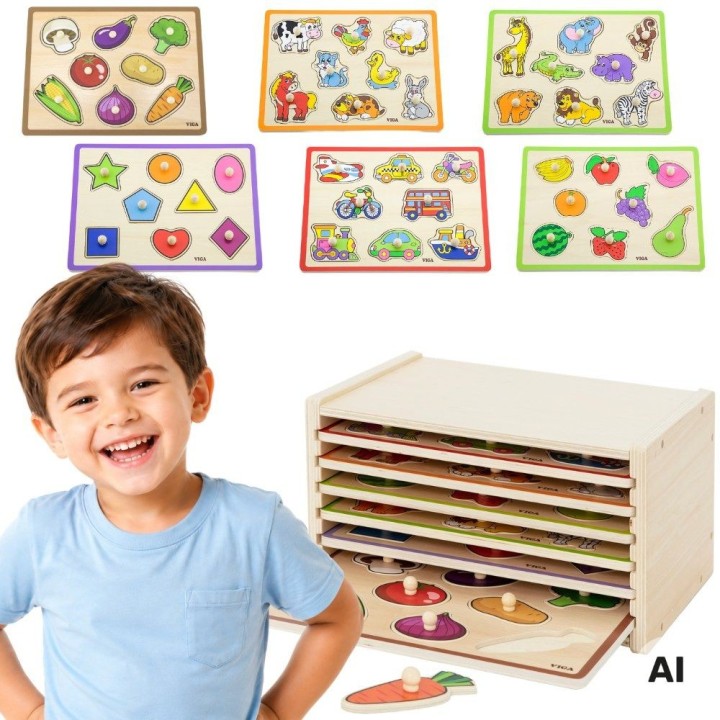 VIGA wooden puzzle with handles - set with shelf 18m+