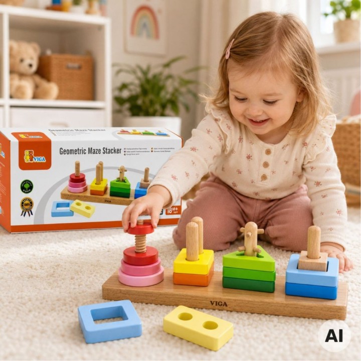 VIGA Drewniany Geometryczny Sorter Labirynt - Zabawka Edukacyjna