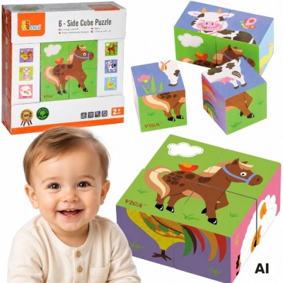 VIGA Drewniana Układanka Puzzle Farma - 4 Klocki Edukacyjne