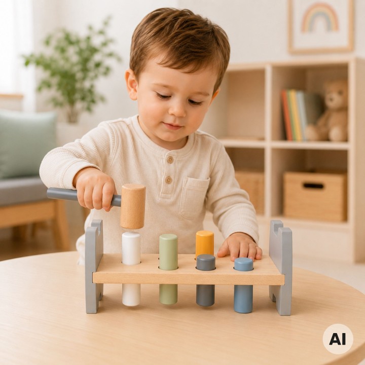 Wooden colorful Viga punch - educational toy with a hammer and eco