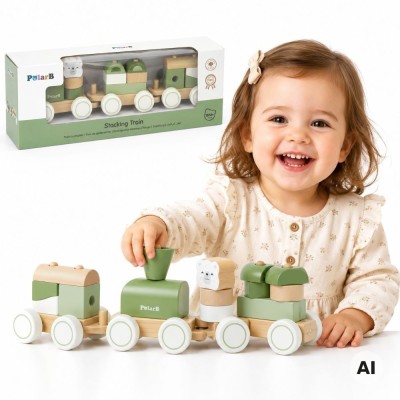 VIGA PolarB Green Train with Carriages - Blocks for Children