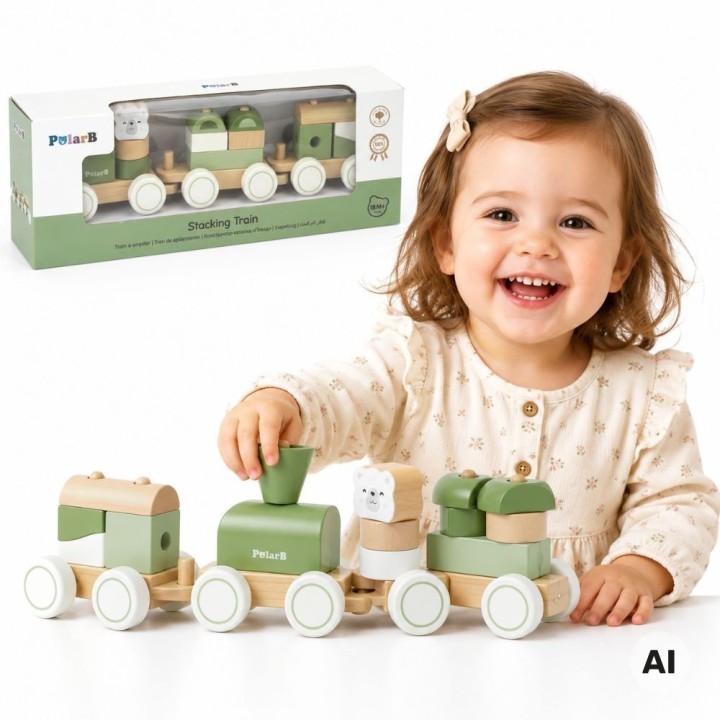 VIGA PolarB Green Train with Carriages - Blocks for Children