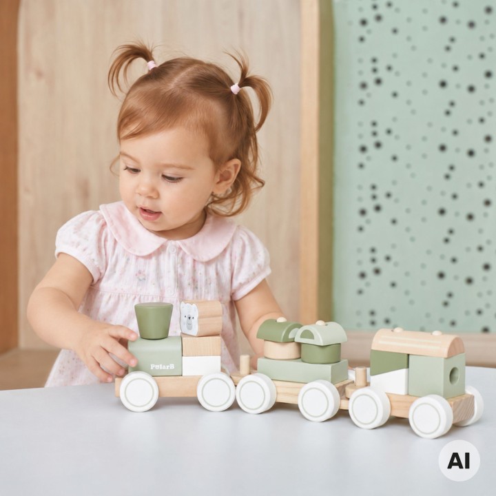 VIGA PolarB Green Train with Carriages - Blocks for Children