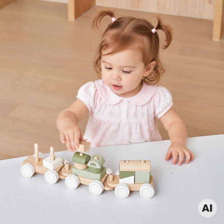 VIGA PolarB Green Train with Carriages - Blocks for Children