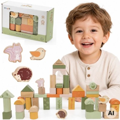 VIGA PolarB Montessori Wooden Blocks - Animals 50 pcs.