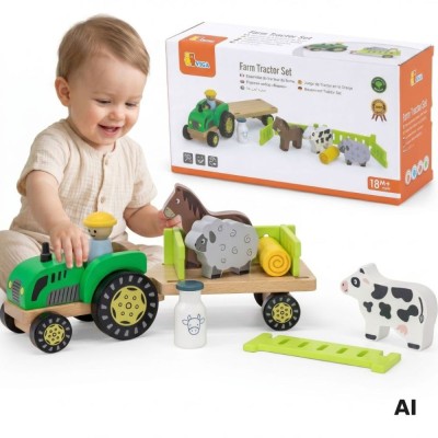 VIGA Traktor Drewniany ze Zwierzątkami - Farma i Zagroda