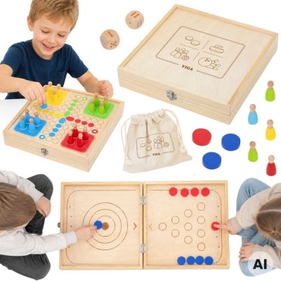 VIGA Wooden 4-in-1 Arcade Game Table Hockey Curling Bowling Ludo