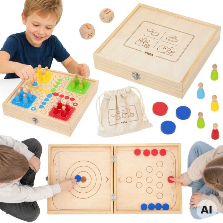 VIGA Wooden 4-in-1 Arcade Game Table Hockey Curling Bowling Ludo