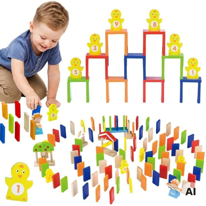 VIGA wooden domino track - set of 116 blocks and 6 cards