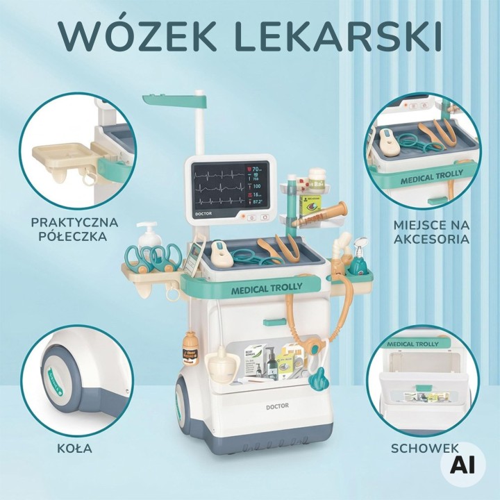 Edukacyjny Wózek Lekarski Mały Doktor EKG Dźwięk Światło 26el