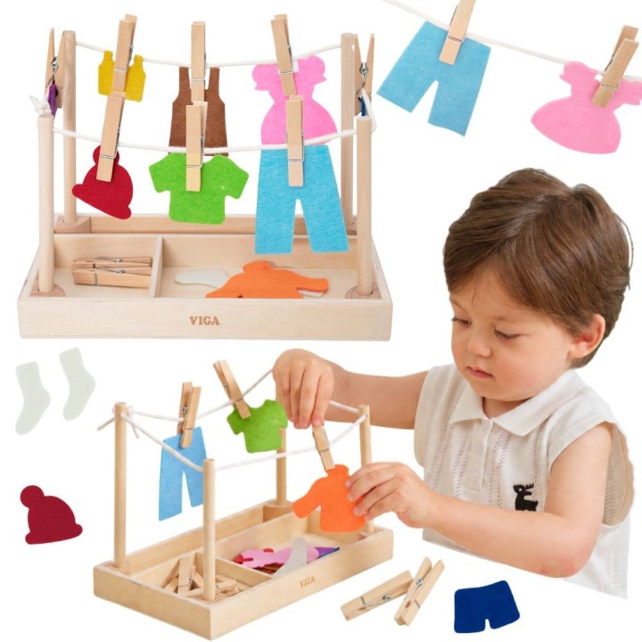 Drewniany Zestaw do Prania Suszarka Ubranka Montessori VIGA