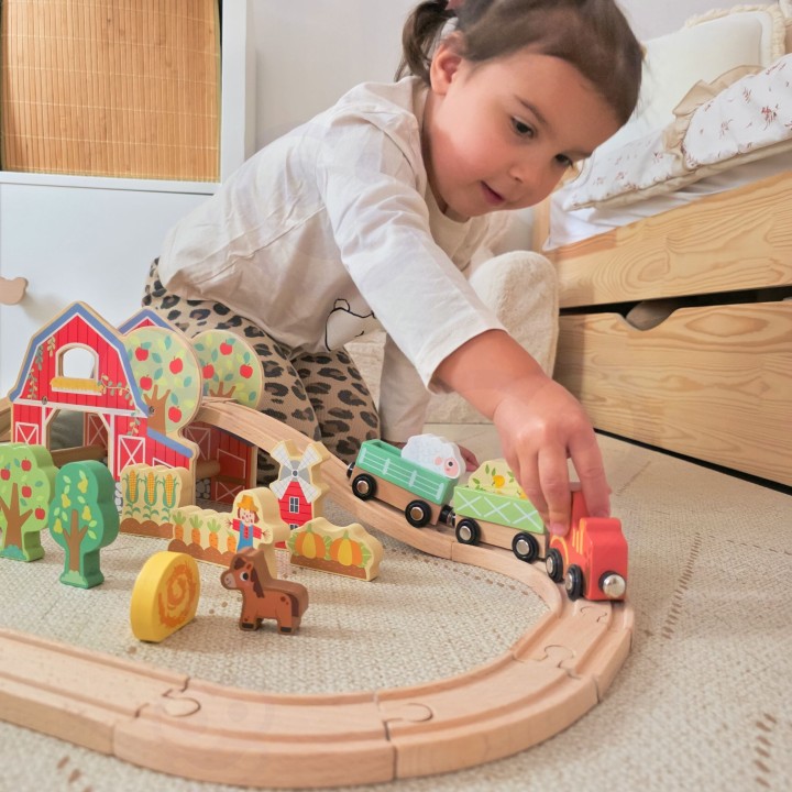 TOOKY TOY Wooden Farm Train - Set of 48 pieces
