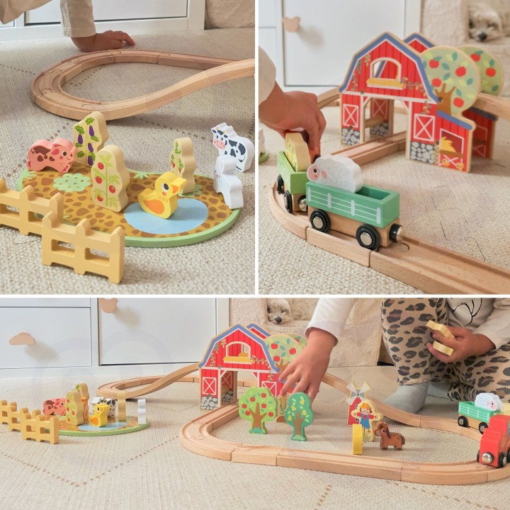 TOOKY TOY Wooden Farm Train - Set of 48 pieces