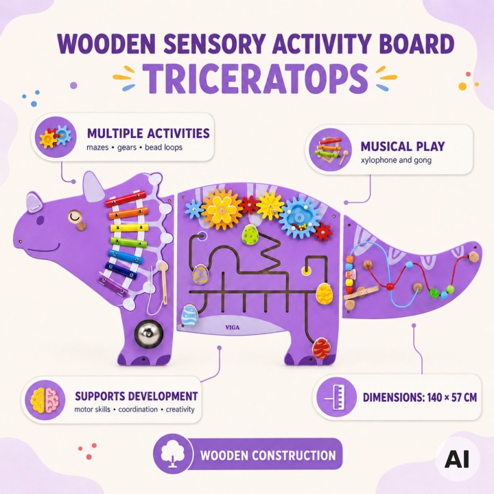 Wooden Triceratops VIGA Sensory Board - Educational Toy