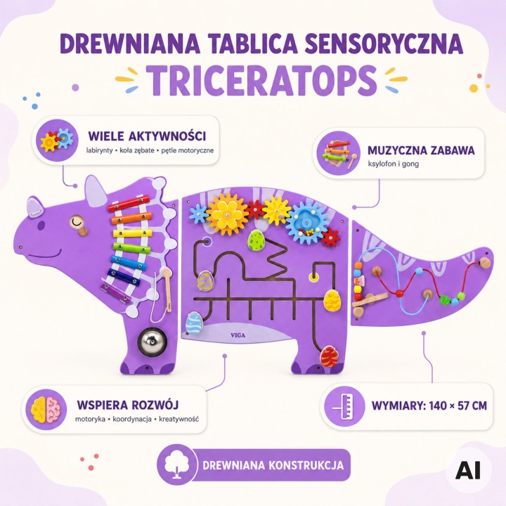 Wooden Triceratops VIGA Sensory Board - Educational Toy