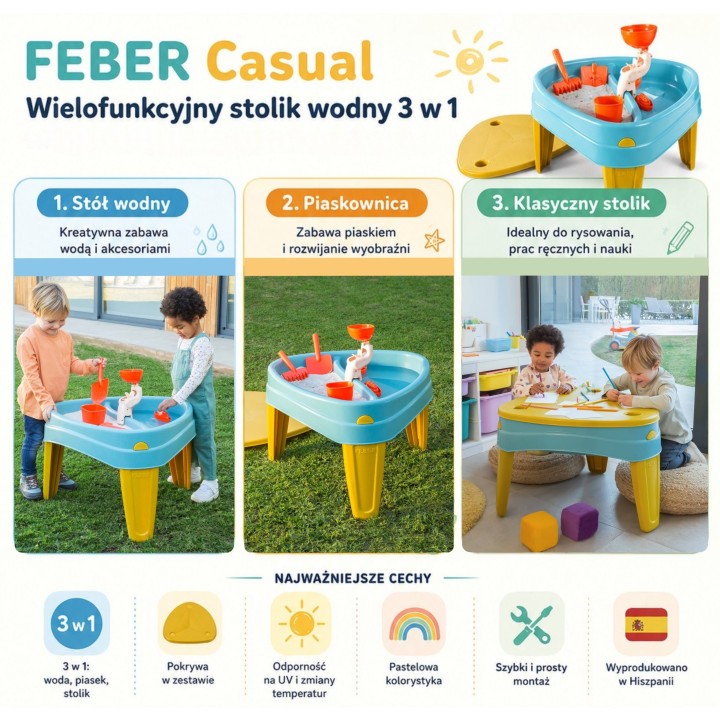 FEBER CASUAL 3-in-1 Water Table - Sandbox, Desk, Picnic Table