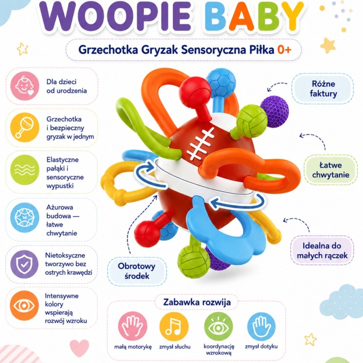 WOOPIE Rattle Teether Sensory Ball for Babies 0+