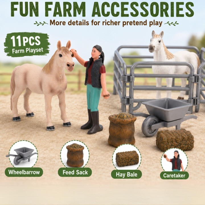 Woopie Farm Figure Set 11 Pieces - Animals, Wheelbarrow and Fence