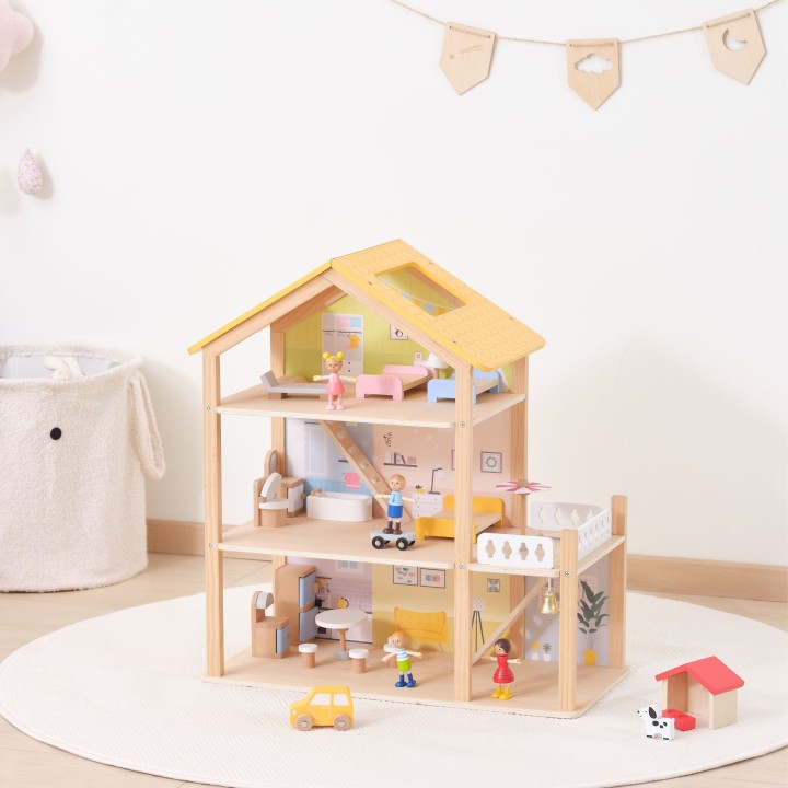 VIGA Wooden Dollhouse with Accessories and Dolls