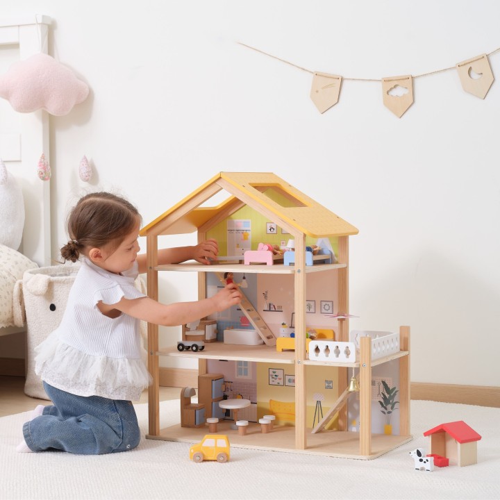 VIGA Wooden Dollhouse with Accessories and Dolls