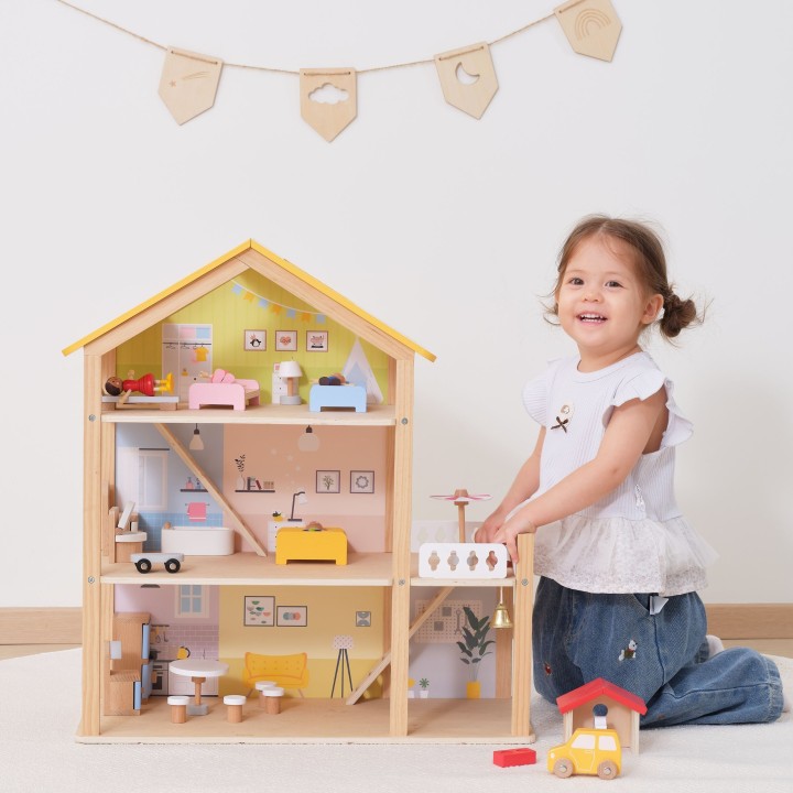 VIGA Wooden Dollhouse with Accessories and Dolls