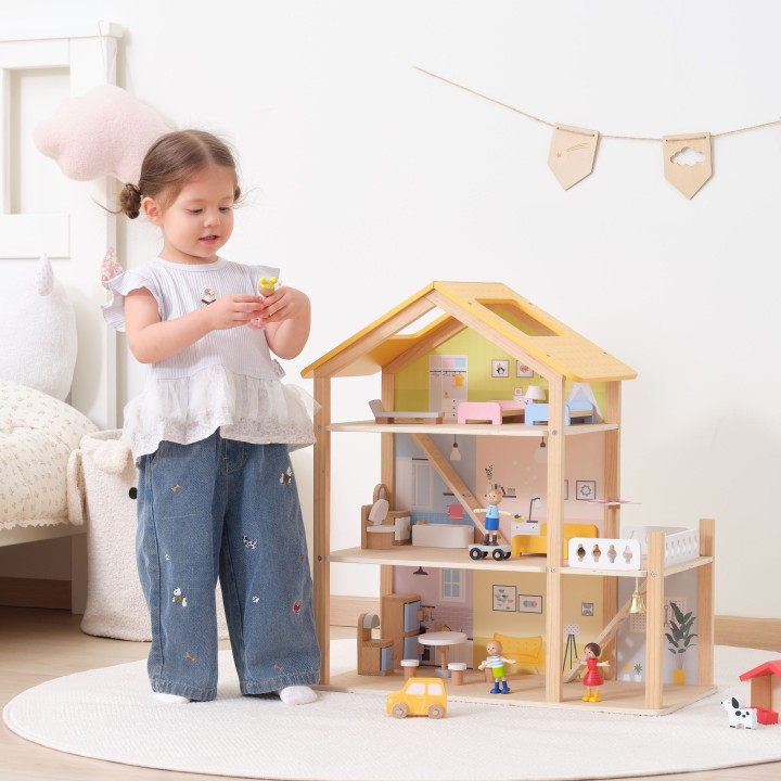 VIGA Wooden Dollhouse with Accessories and Dolls