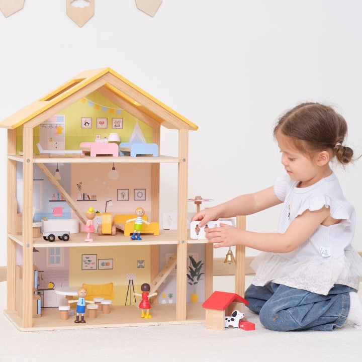 VIGA Wooden Dollhouse with Accessories and Dolls