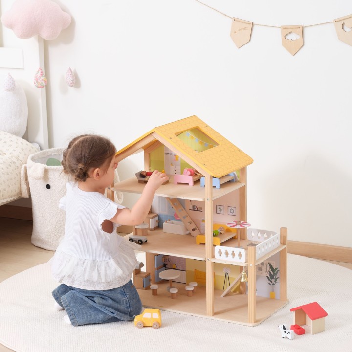 VIGA Wooden Dollhouse with Accessories and Dolls