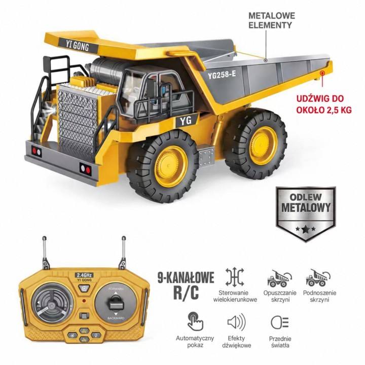 Wywrotka Budowlana RC Woopie - 9 Kanałów 2,4 GHz, Metal, Dźwięk