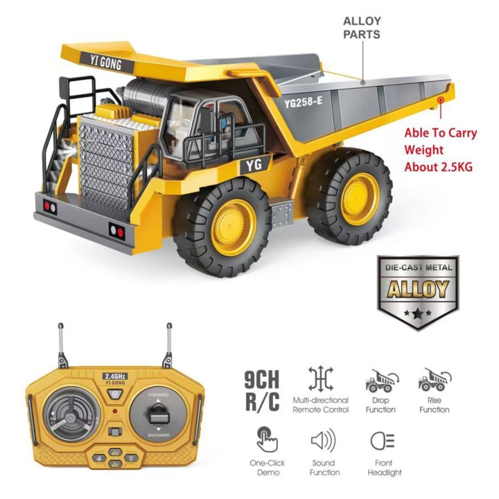 RC Woopie Construction Dump Truck - 9 Channels 2.4 GHz, Metal, Sound
