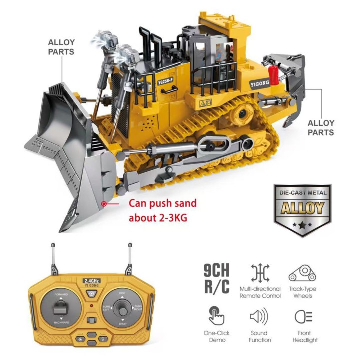 RC Crawler Bulldozer - 2.4GHz Remote Control, Metal, Lights, Woopie Sound