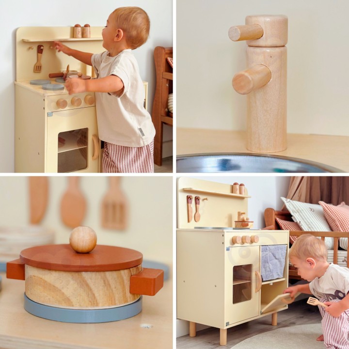 TOOKY TOY wooden beige kitchen for children - 10-piece set
