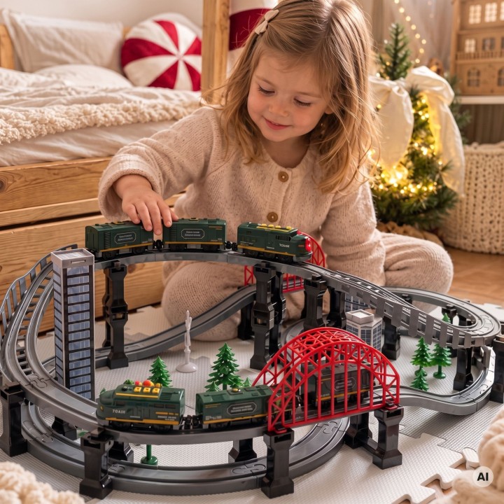Train with locomotive and tracks - set with bridges and light Woopie