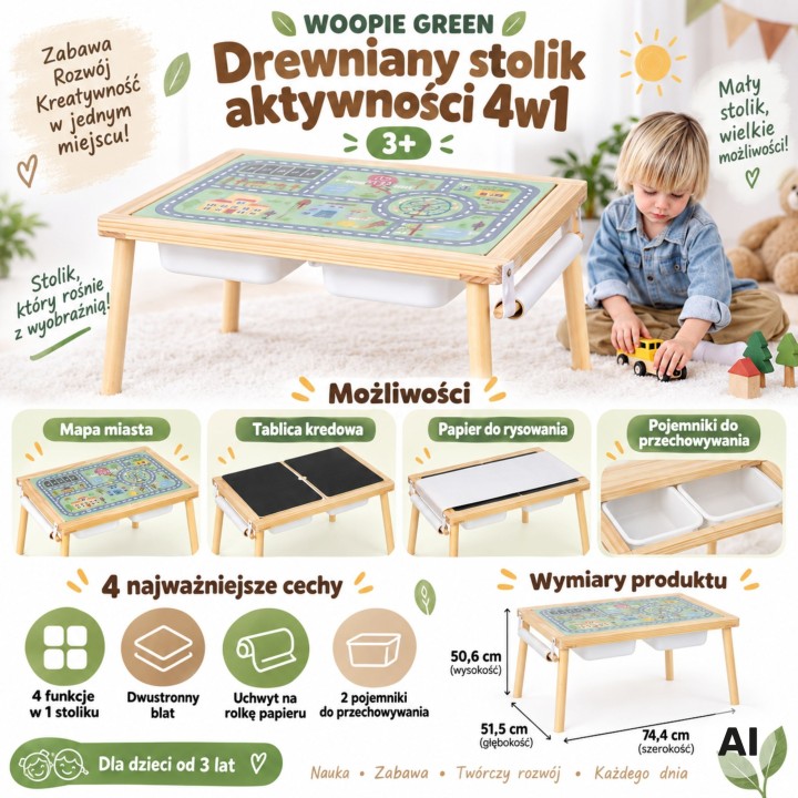 Drewniany Stolik Aktywności Woopie-Tablica Kredowa Mapa