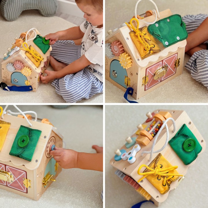 Drewniany domek manipulacyjny TOOKY TOY - zabawka z zamkami