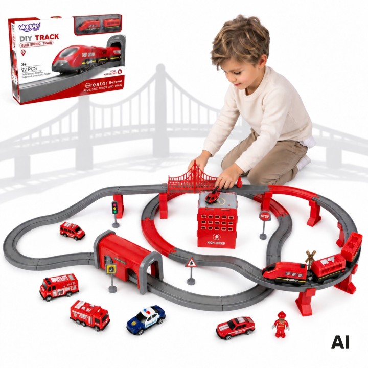 WOOPIE 92-piece Electric Train - Car Track with Helicopter